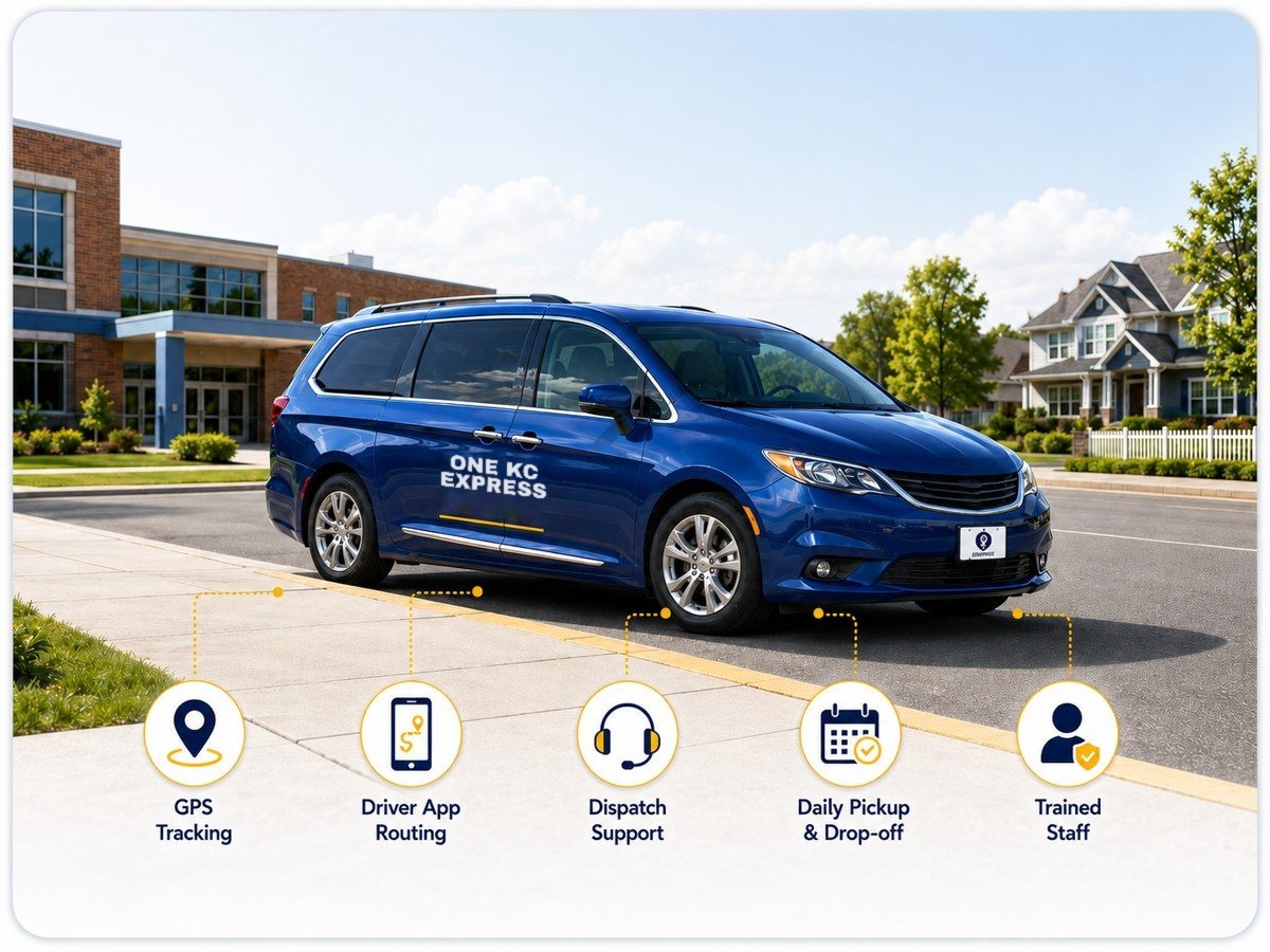 One KC Express blue minivan at curbside pickup with GPS tracking, driver app routing, dispatch support, daily pickup and trained staff