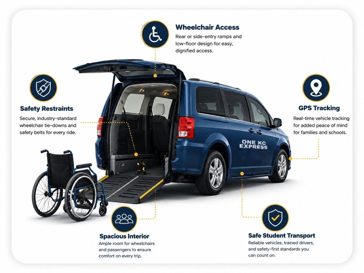 One KC Express wheelchair-accessible minivan with deployed rear ramp, safety restraints, spacious interior and GPS tracking